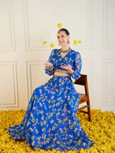 Women Royal Blue Floral Anarkali Skirt With Wrap Crop Top-SHSET95950